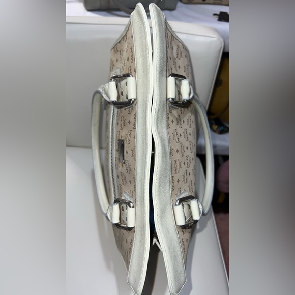 MCM Work Laptop Tote Bag Khaki Canvas MCM Visetos Logo Cream /Gray Leather Trim - Picture 7 of 13